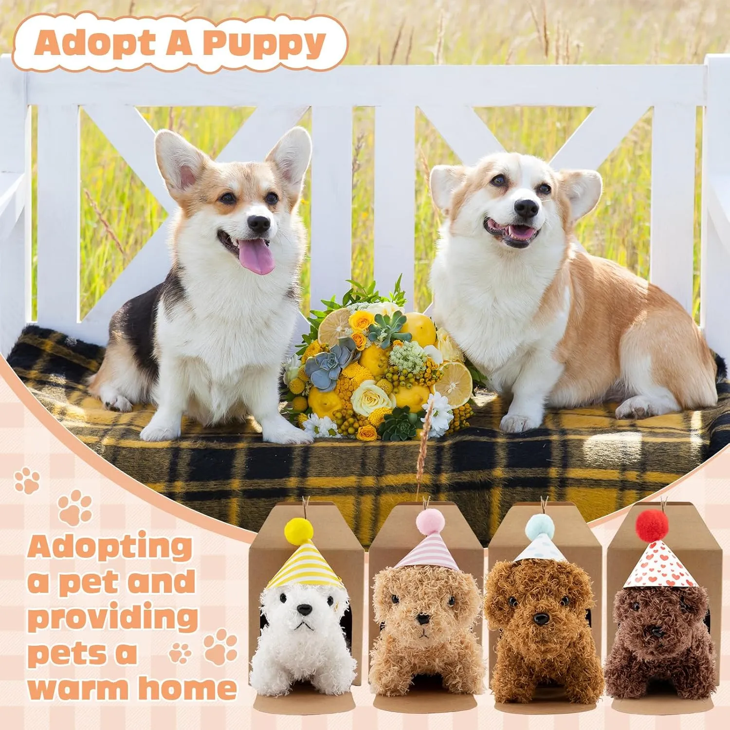 90Pcs Adopt A Puppy Party Favors Mini Plush Stuffed Animals Set Includes 24 Mini Dogs Birthday Hats White Plastic Fence with Artificial Lawn for Adopt A Pet Theme Birthday Party