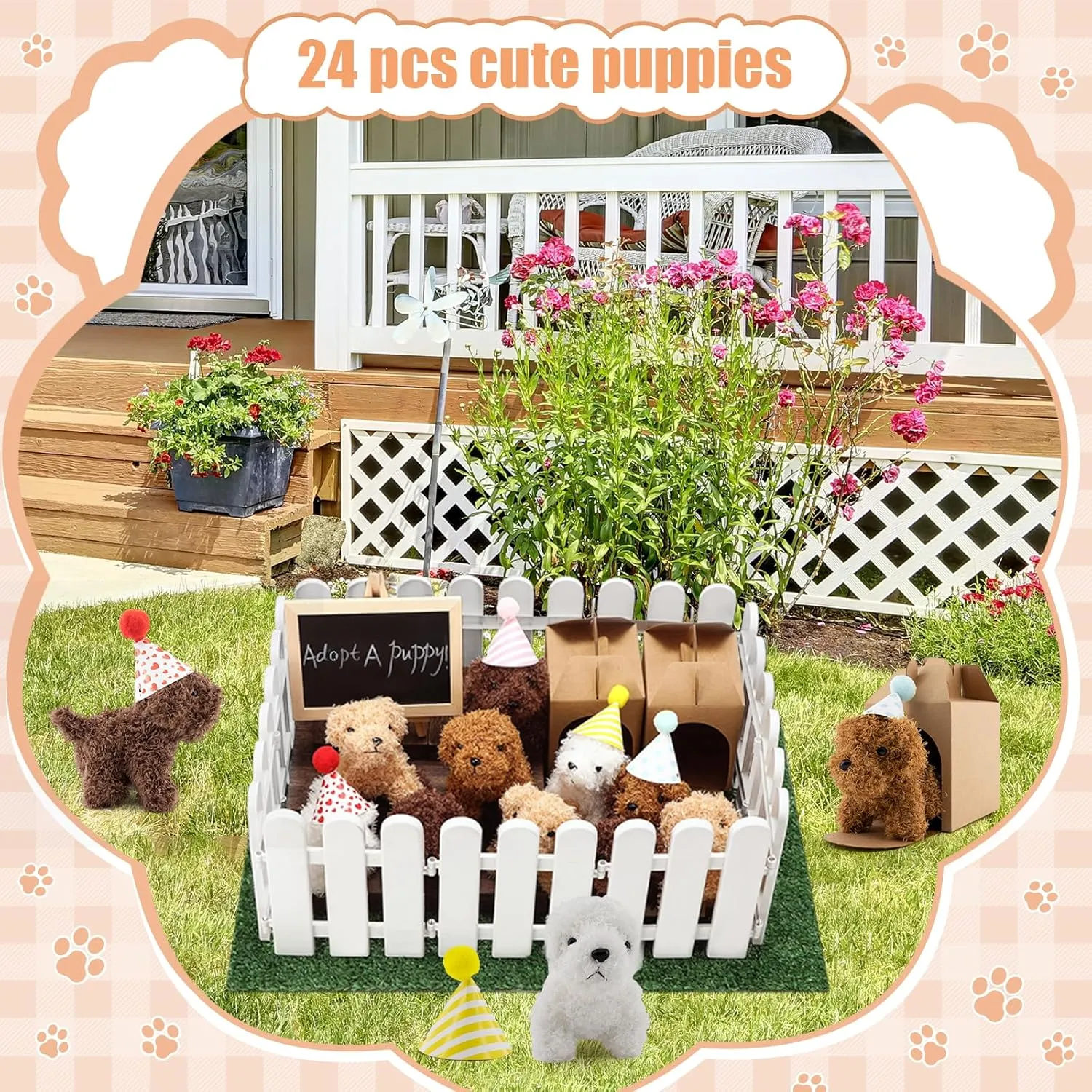 90Pcs Adopt A Puppy Party Favors Mini Plush Stuffed Animals Set Includes 24 Mini Dogs Birthday Hats White Plastic Fence with Artificial Lawn for Adopt A Pet Theme Birthday Party