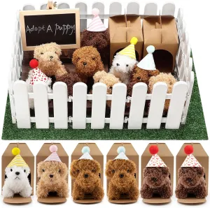 90Pcs Adopt A Puppy Party Favors Mini Plush Stuffed Animals Set Includes 24 Mini Dogs Birthday Hats White Plastic Fence with Artificial Lawn for Adopt A Pet Theme Birthday Party