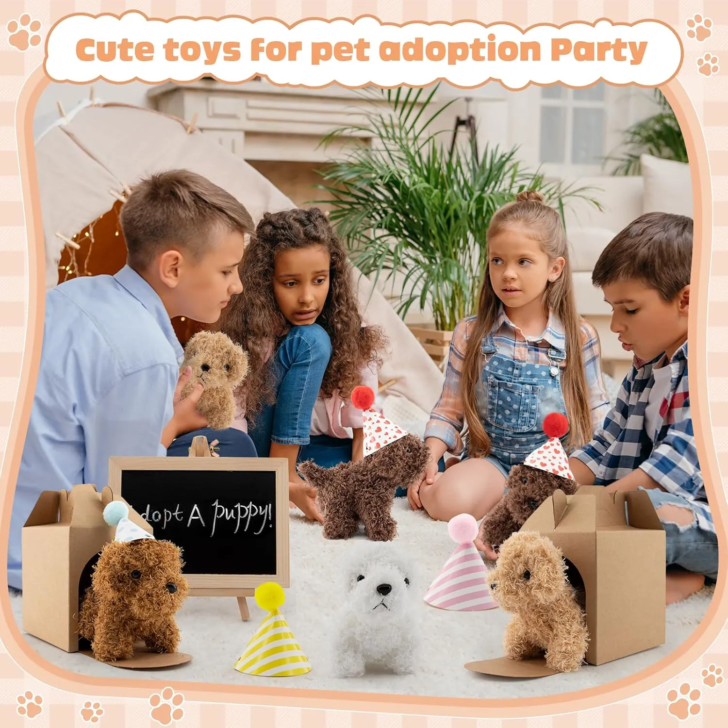 90Pcs Adopt A Puppy Party Favors Mini Plush Stuffed Animals Set Includes 24 Mini Dogs Birthday Hats White Plastic Fence with Artificial Lawn for Adopt A Pet Theme Birthday Party