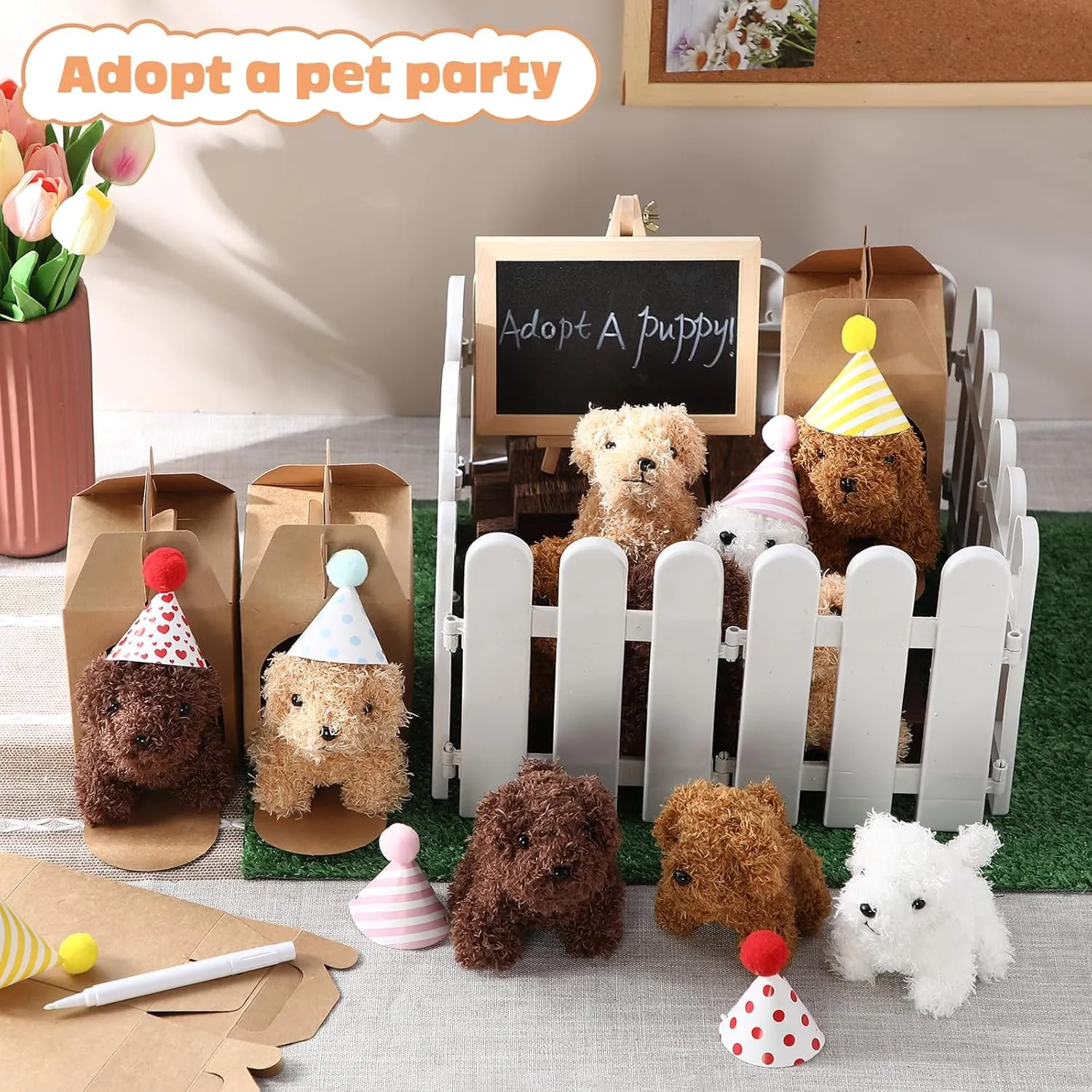 90Pcs Adopt A Puppy Party Favors Mini Plush Stuffed Animals Set Includes 24 Mini Dogs Birthday Hats White Plastic Fence with Artificial Lawn for Adopt A Pet Theme Birthday Party