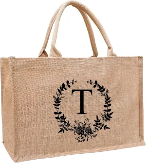 A to Z Initial Tote Bags for Women, Monogrammed Burlap Jute Tote Bag with Handles for Woman, Teachers, Mom