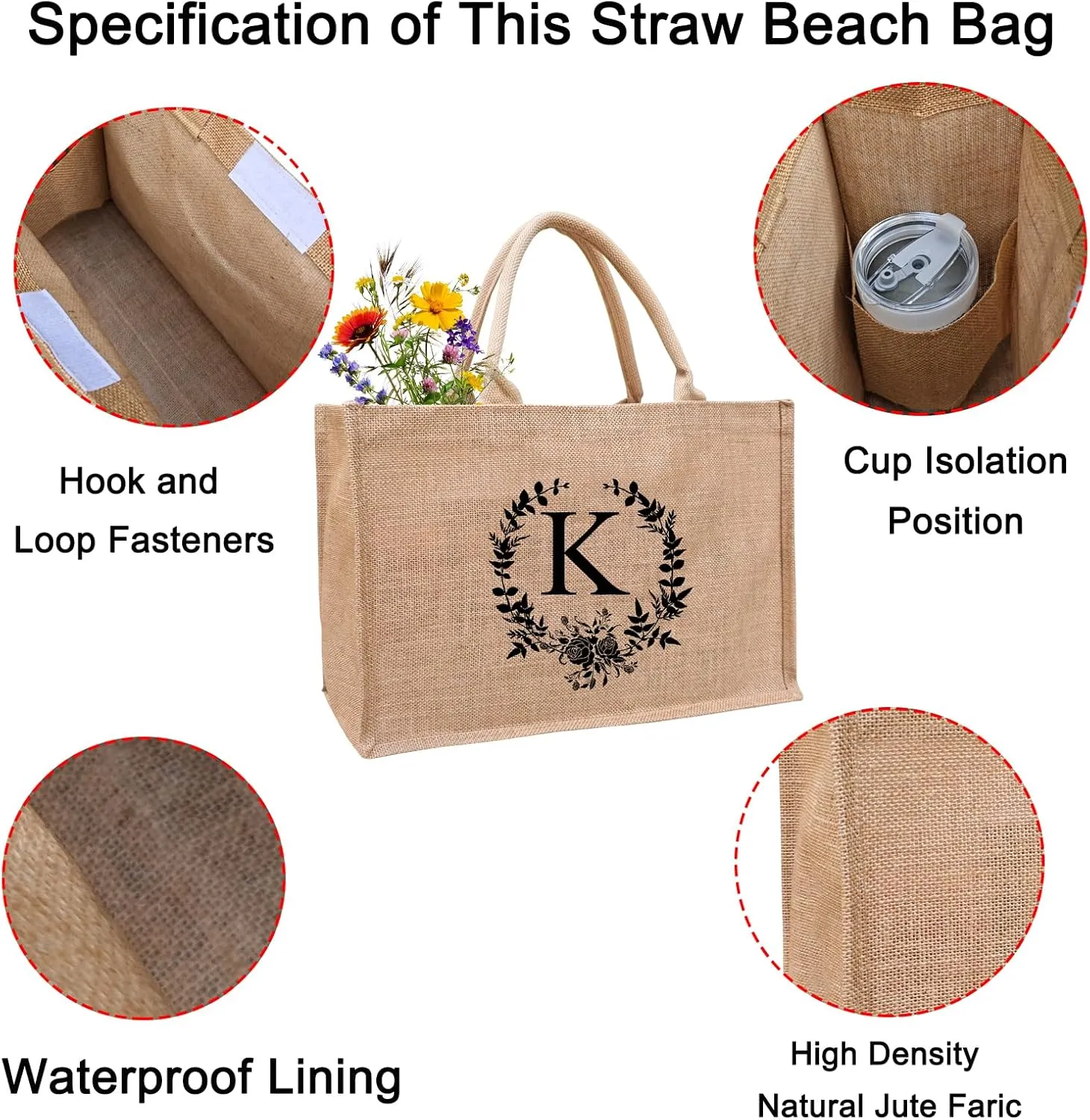A to Z Initial Tote Bags for Women, Monogrammed Burlap Jute Tote Bag with Handles for Woman, Teachers, Mom