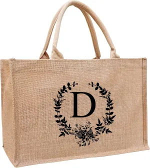 A to Z Initial Tote Bags for Women, Monogrammed Burlap Jute Tote Bag with Handles for Woman, Teachers, Mom