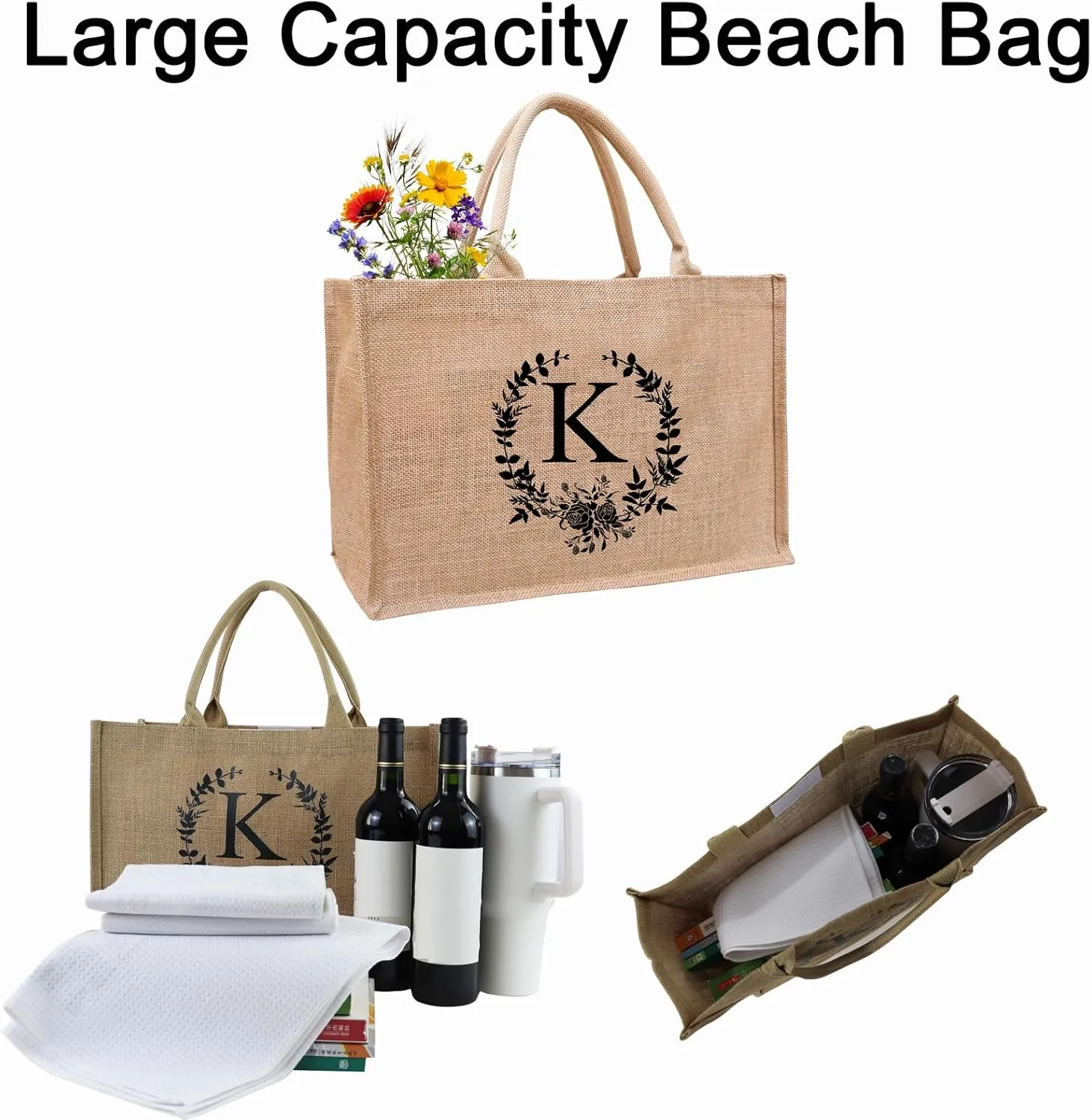 A to Z Initial Tote Bags for Women, Monogrammed Burlap Jute Tote Bag with Handles for Woman, Teachers, Mom