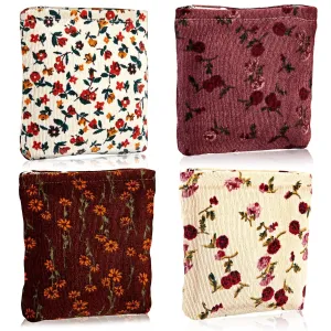 Abbylike 4 Pcs Floral Makeup Bag Corduroy Cosmetic Bag with Zipper Portable Small Pouches for Purse Toiletry Mini Pouch Cute Mini Makeup Purse for Coin Essentials Items Women(Elegant)