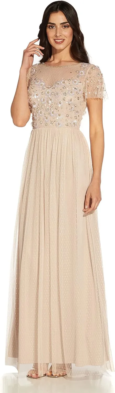 Adrianna Papell Women's 3D Beaded Point D'esprit Gown