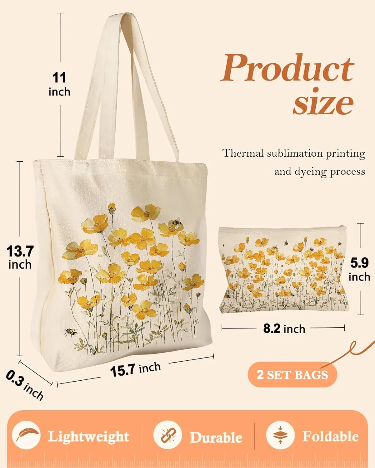 Aesthetic 2 Pack Canvas Tote Bag - with Makeup Zipper Pouch for Women Bag for Shopping, Gym, Travel, Vacation