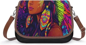 African Indian Tribal Woman Crossbody Bags PU Leather Purses Shoulder Handbag with Adjustable Shoulder Strap