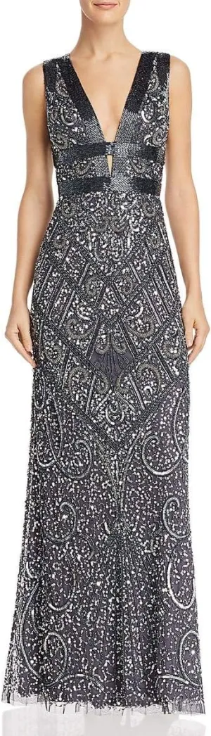 Aidan Mattox Women's Beaded Gown with Plunge V Neckline