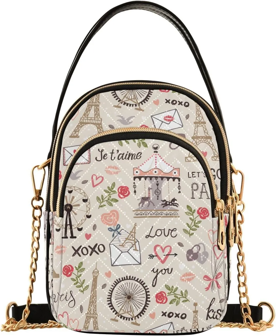 ALAZA Chain Crossbody Bags for Women Romantic Paris Doodle Quilted Shoulder Crossbody Handbags Travel Cross Body Cell Phone Purses Bags