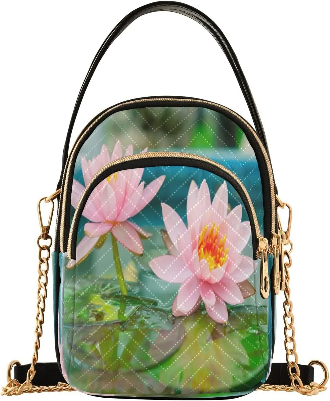 ALAZA Chain Crossbody Bags for Women Waterlily Lotus Flower in Pond Quilted Shoulder Crossbody Handbags Travel Cross Body Cell Phone Purses Bags