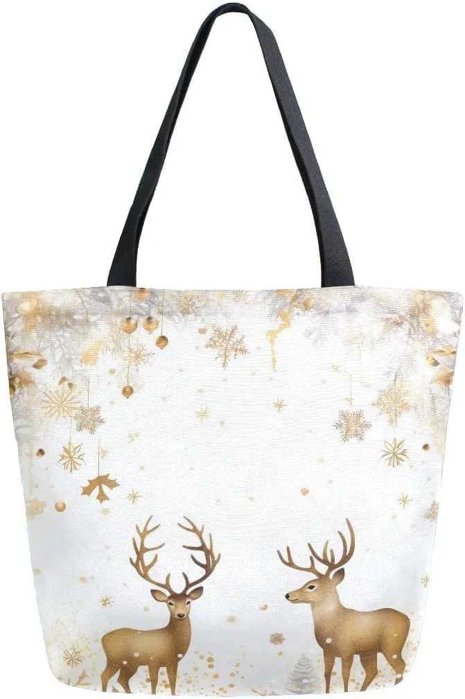 ALAZA Golden Reindeer Deer Merry Christmas Reusable Tote Bag Women Large Casual Handbag Shoulder Bags for Shopping Groceries Travel