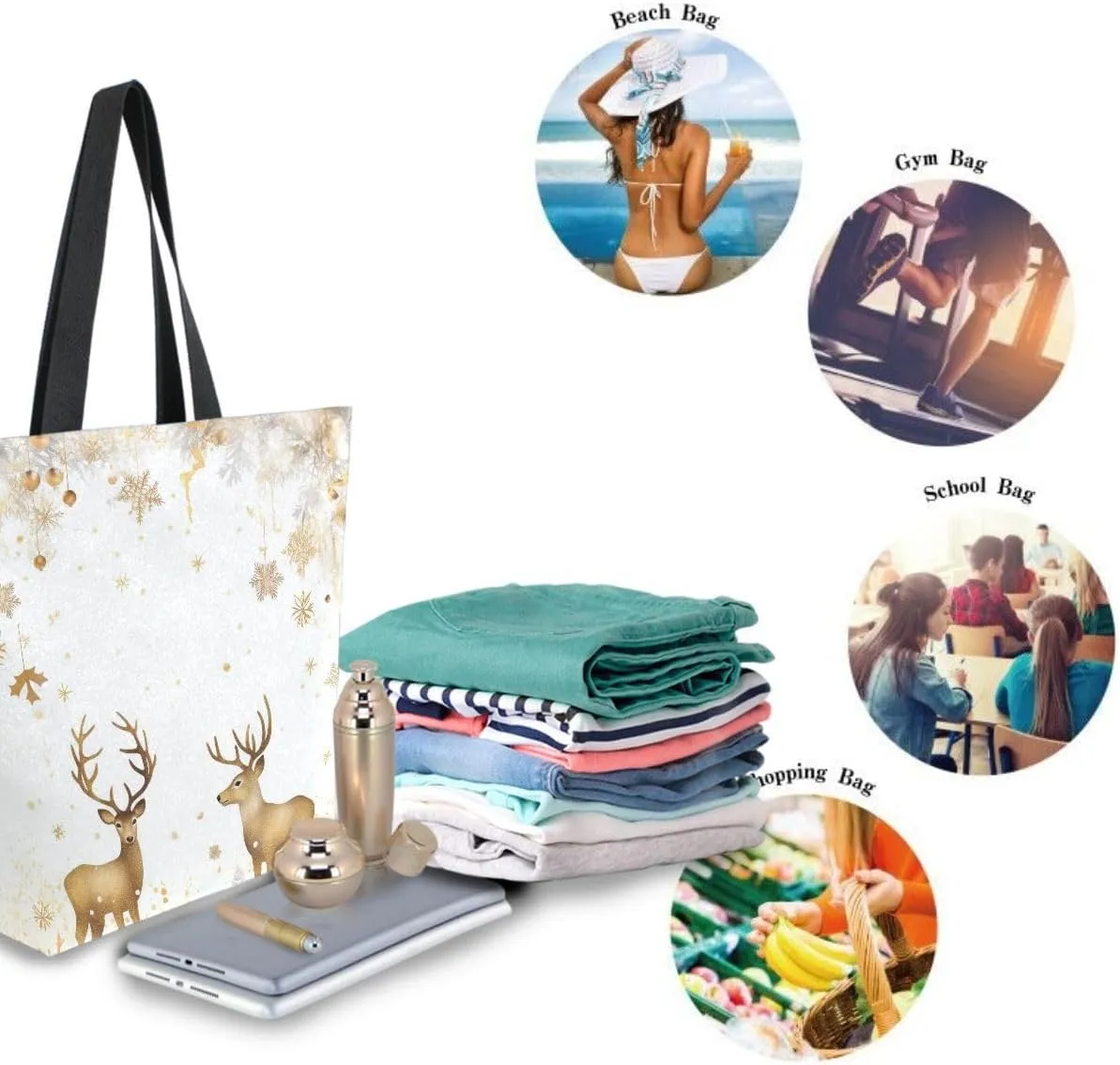 ALAZA Golden Reindeer Deer Merry Christmas Reusable Tote Bag Women Large Casual Handbag Shoulder Bags for Shopping Groceries Travel