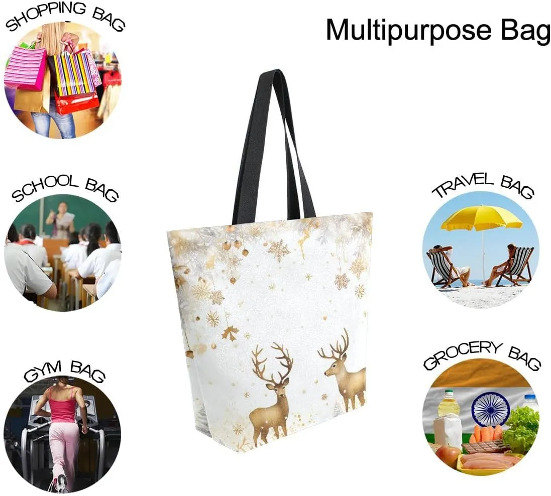 ALAZA Golden Reindeer Deer Merry Christmas Reusable Tote Bag Women Large Casual Handbag Shoulder Bags for Shopping Groceries Travel