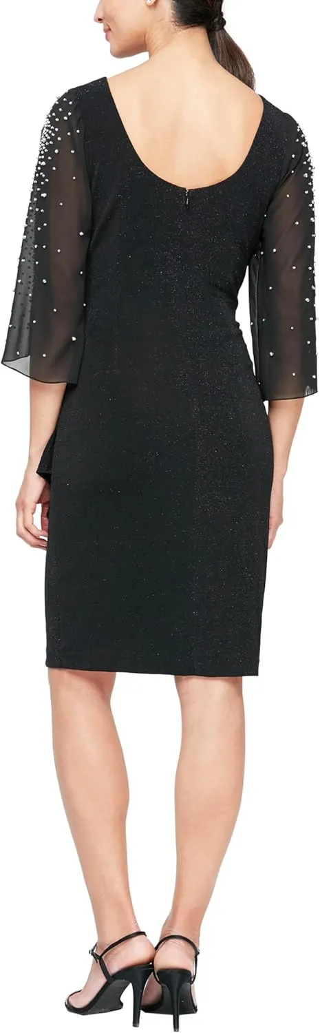 Alex Evenings Women's Short Sheath Metallic Cocktail Dress W/Embellished Sleeves & Cascade Ruffle (Petite and Regular Sizes)
