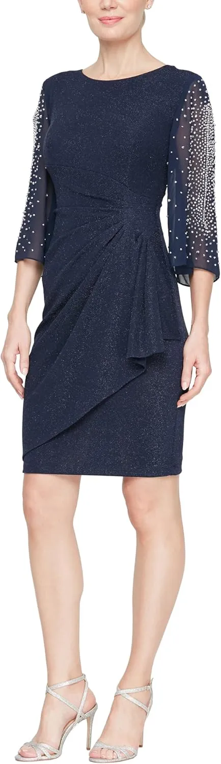 Alex Evenings Women's Short Sheath Metallic Cocktail Dress W/Embellished Sleeves & Cascade Ruffle (Petite and Regular Sizes)