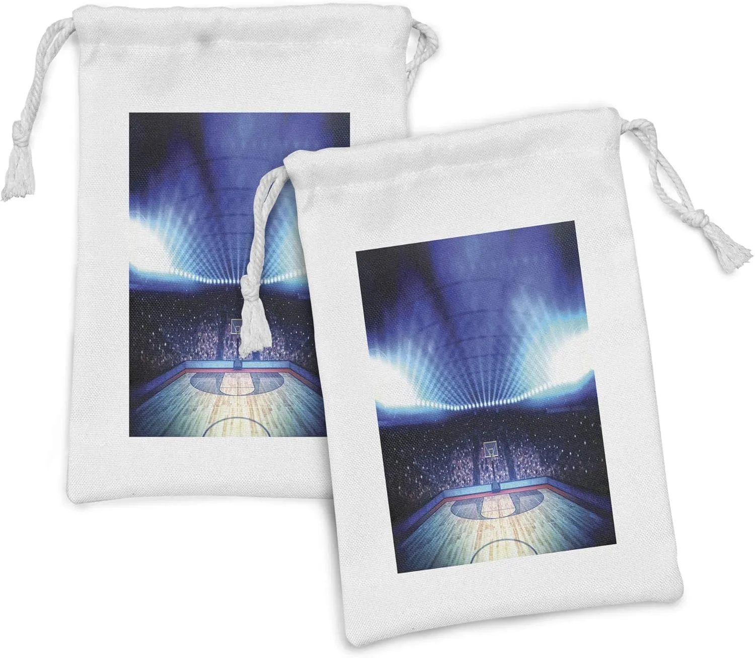Ambesonne Basketball Fabric Pouch Set of 2, Basketball Arena Court with Fans and Competition Theme Game Excitement Print, Small Drawstring Bag for Toiletries Masks and Favors, 9" x 6", Navy Black