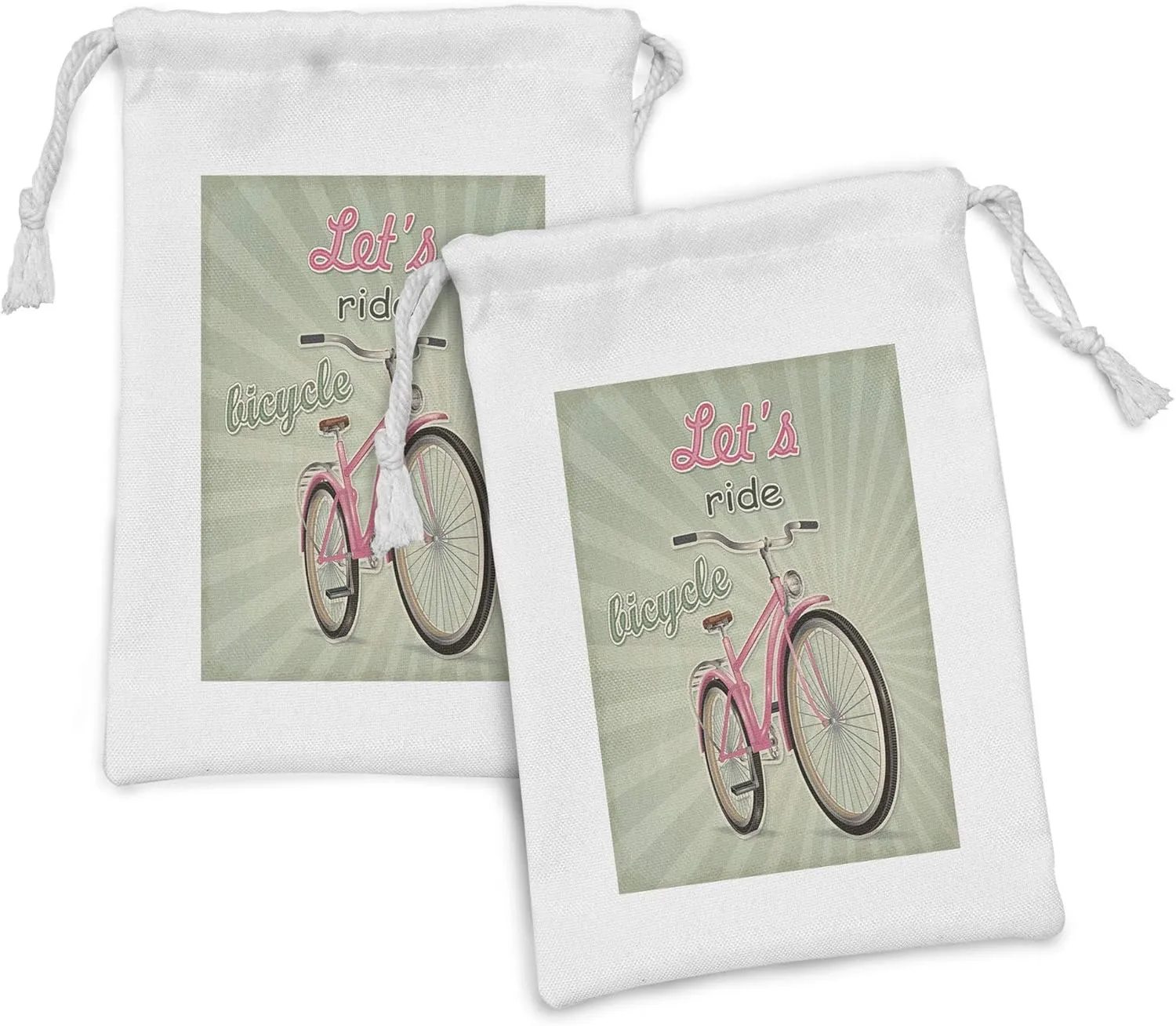 Ambesonne Bicycle Fabric Pouch Set of 2, Retro Featured Pop Art Style Urban Dated Bike with Expanding Stripes Velocity Print, Small Drawstring Bag for Toiletries Masks and Favors, 9" x 6", Green Pink
