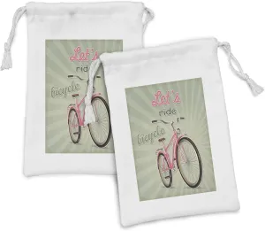 Ambesonne Bicycle Fabric Pouch Set of 2, Retro Featured Pop Art Style Urban Dated Bike with Expanding Stripes Velocity Print, Small Drawstring Bag for Toiletries Masks and Favors, 9" x 6", Green Pink