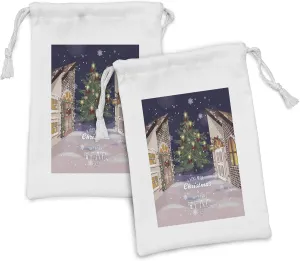 Ambesonne Christmas Fabric Pouch Set of 2, Winter Setting Streets Filled with Snow Traditional Pine Tree Ribbons Carol Words, Small Drawstring Bag for Toiletries Masks and Favors, 9" x 6", Multicolor