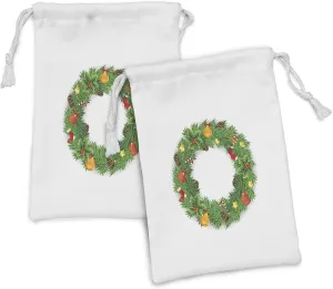 Ambesonne Christmas Fabric Pouch Set of 2, Wreath Evergreen with Candy Cane Stockings Mistletoe Berries on Door, Small Drawstring Bag for Toiletries Masks and Favors, 9" x 6", Green White