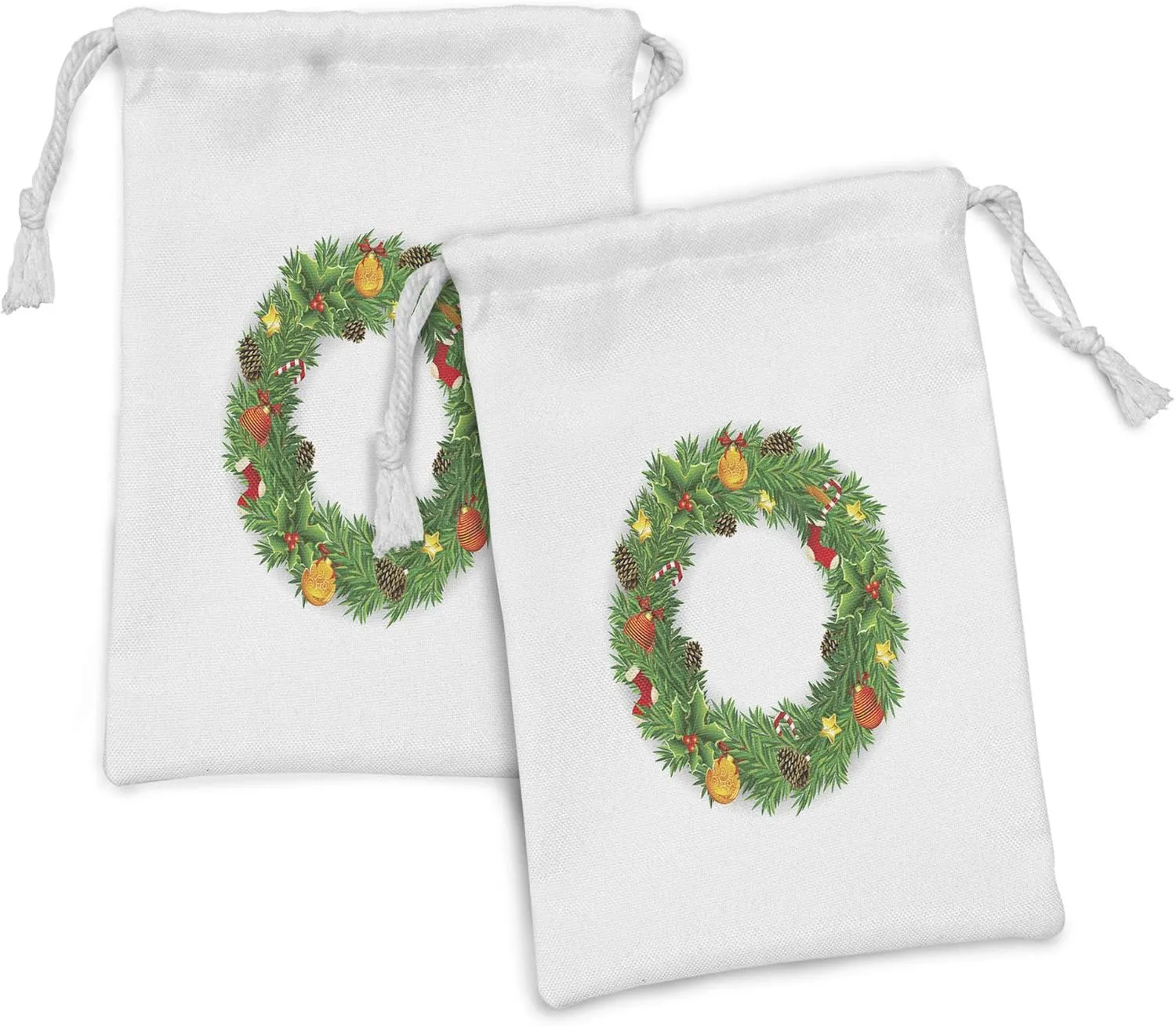 Ambesonne Christmas Fabric Pouch Set of 2, Wreath Evergreen with Candy Cane Stockings Mistletoe Berries on Door, Small Drawstring Bag for Toiletries Masks and Favors, 9" x 6", Green White