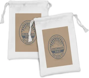 Ambesonne Cincinnati Fabric Pouch Set of 2, Queen City Advertising Vintage of State, Small Drawstring Bag for Toiletries Masks and Favors, 9" x 6", Umber Slate Blue