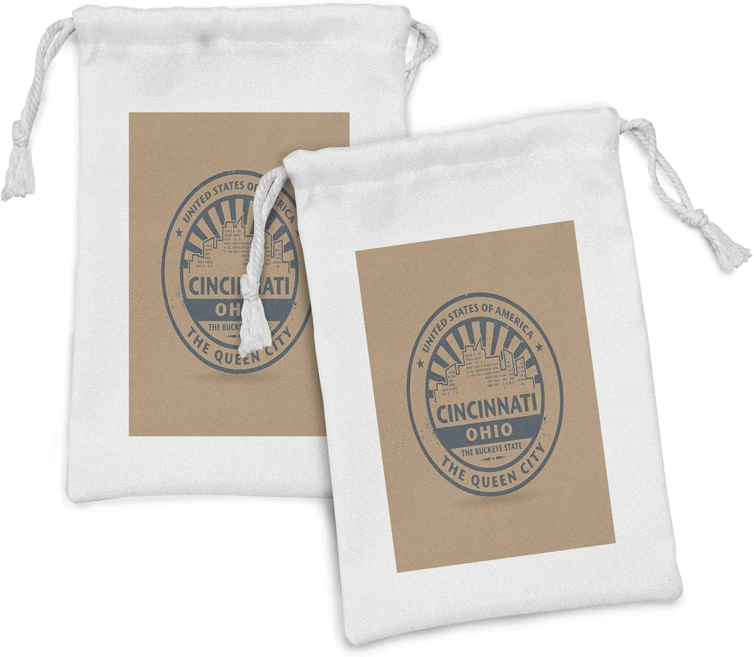Ambesonne Cincinnati Fabric Pouch Set of 2, Queen City Advertising Vintage of State, Small Drawstring Bag for Toiletries Masks and Favors, 9" x 6", Umber Slate Blue