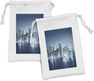 Ambesonne City Fabric Pouch Set of 2, Gloomy Skyscrapers View of New York America, Small Drawstring Bag for Toiletries Masks and Favors, 9" x 6", Blue Grey Petrol Blue