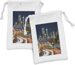 Ambesonne City Pittsburgh Fabric Pouch Set of 2, Rush Hour Traffic in Slow Shutter Speed Skyscrapers and Busy Life, Small Drawstring Bag for Toiletries Masks and Favors, 9" x 6", Multicolor