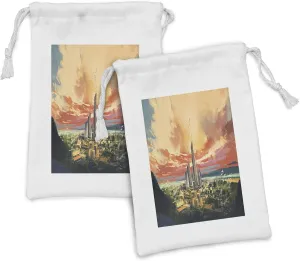 Ambesonne Cityscape Fabric Pouch Set of 2, Modern City by Harbor with Sailing Yacht Skyscrapers Painting Style Print, Small Drawstring Bag for Toiletries Masks and Favors, 9" x 6", Multicolor