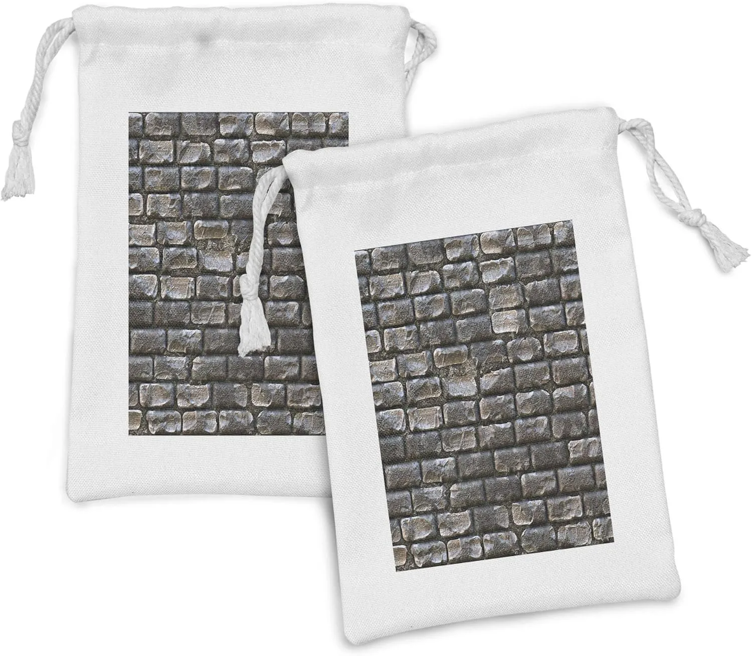 Ambesonne Cobblestone Fabric Pouch Set of 2, Stained Rectangular Pavement Stones and Decayed Brick Tiles, Small Drawstring Bag for Toiletries Masks and Favors, 9" x 6", Dark Grey Taupe