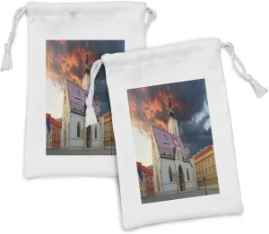 Ambesonne Croatia Fabric Pouch Set of 2, Photo of Building in Zagreb at Sunset with Dramatic Sky, Small Drawstring Bag for Toiletries Masks and Favors, 9" x 6", Multicolor