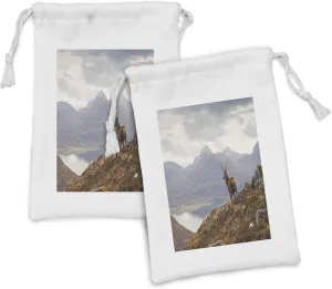 Ambesonne Deer Fabric Pouch Set of 2, Wild Stag Overlooking Loch Torridon and Dramatic Western Ross Mountain Nature View, Small Drawstring Bag for Toiletries Masks and Favors, 9" x 6", Brown White