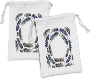 Ambesonne Ethnic Fabric Pouch Set of 2, Spiral Vortex Concentric Form Design Feather with Curved Little Stars Image, Small Drawstring Bag for Toiletries Masks and Favors, 9" x 6", Purple Teal