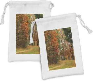 Ambesonne Fall Fabric Pouch Set of 2, Cloudy Overcast Day in September Shrubs Pines Sidewalk in the Park Forest, Small Drawstring Bag for Toiletries Masks and Favors, 9" x 6", Orange Green Brown
