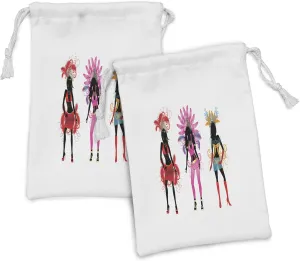 Ambesonne Fashion Fabric Pouch Set of 2, Colorful Woman Silhouettes in Cheerful Flourish Carnival Clothes Print, Small Drawstring Bag for Toiletries Masks and Favors, 9" x 6", Multicolor