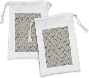 Ambesonne Floral Fabric Pouch Set of 2, Composition of Flowers and Concentric Squares, Small Drawstring Bag for Toiletries Masks and Favors, 9" x 6", Multicolor