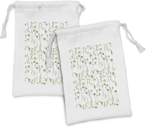 Ambesonne Floral Fabric Pouch Set of 2, Spring Season Themed Watercolors Painting of Herbs Flowers Botany Garden Artwork, Small Drawstring Bag for Toiletries Masks and Favors, 9" x 6", Multicolor