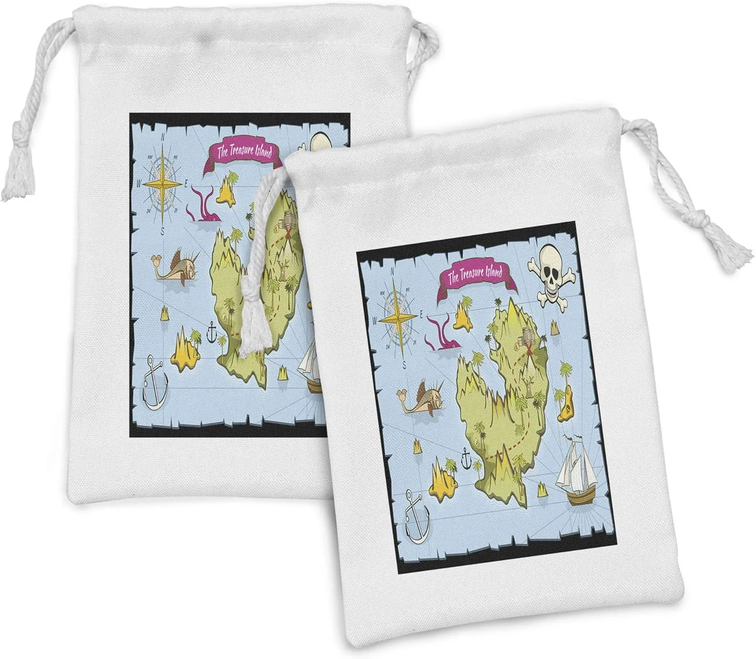 Ambesonne Island Map Fabric Pouch Set of 2, Treasure Island Skull Nautical Design Pirate Theme Fictional Fish Theme, Small Drawstring Bag for Toiletries Masks and Favors, 9" x 6", Multicolor