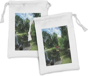 Ambesonne Japanese Fabric Pouch Set of 2, Lake Red Bridge in Gardens Trees Natural Paradise Theme Loneliness in Nature, Small Drawstring Bag for Toiletries Masks and Favors, 9" x 6", Green Blue