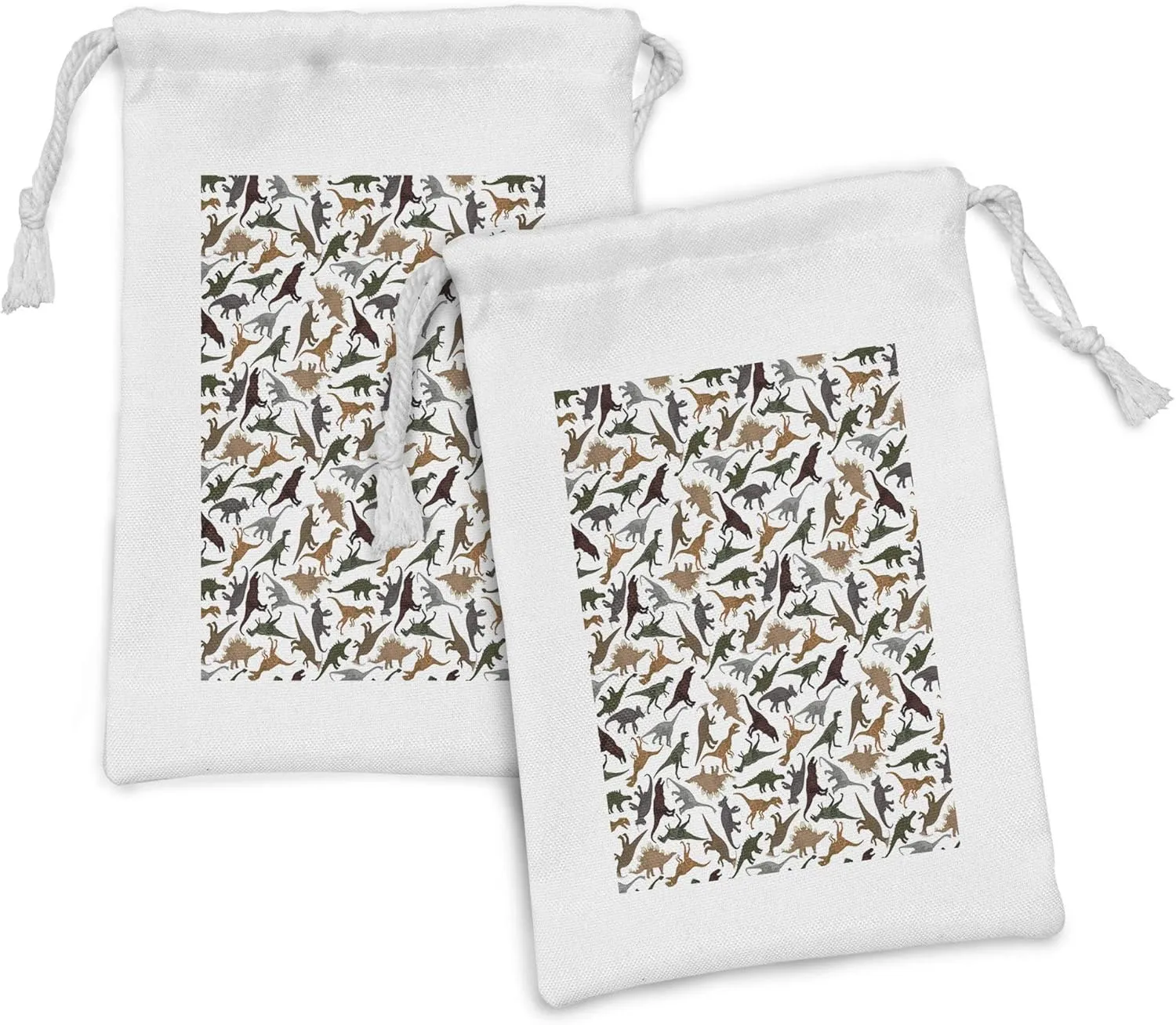 Ambesonne Jurassic Fabric Pouch Set of 2, Pattern Dinosaurs Enormous Museum History Cartoony Illustration, Small Drawstring Bag for Toiletries Masks and Favors, 9" x 6", Dark Orange Burgundy