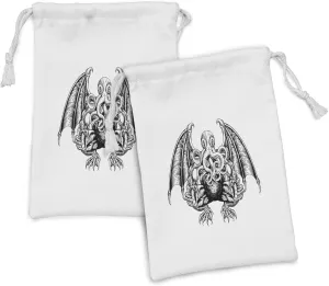 Ambesonne Kraken Fabric Pouch Set of 2, Cthulhu Monster Evil Fictional Cosmic Monster in Woodblock Style Illustration Print, Small Drawstring Bag for Toiletries Masks and Favors, 9" x 6", Black White
