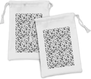 Ambesonne Leaves Fabric Pouch Set of 2, Autumn Season in the Woods Themed Monochrome Pattern Deciduous Trees Maple Oak, Small Drawstring Bag for Toiletries Masks and Favors, 9" x 6", Black White