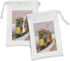 Ambesonne Modern Fabric Pouch Set of 2, Yellow Train on Rail Roads Winter Scenery Old Suburban Illustration, Small Drawstring Bag for Toiletries Masks and Favors, 9" x 6", Yellow and Pale Brown