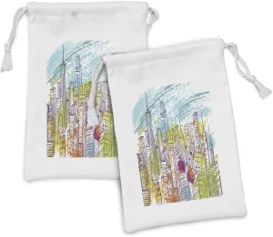 Ambesonne New York Fabric Pouch Set of 2, Urban Theme Watercolor Style Effect Landscape of City Life Skyscrapers, Small Drawstring Bag for Toiletries Masks and Favors, 9" x 6", Yellow and Sky Blue
