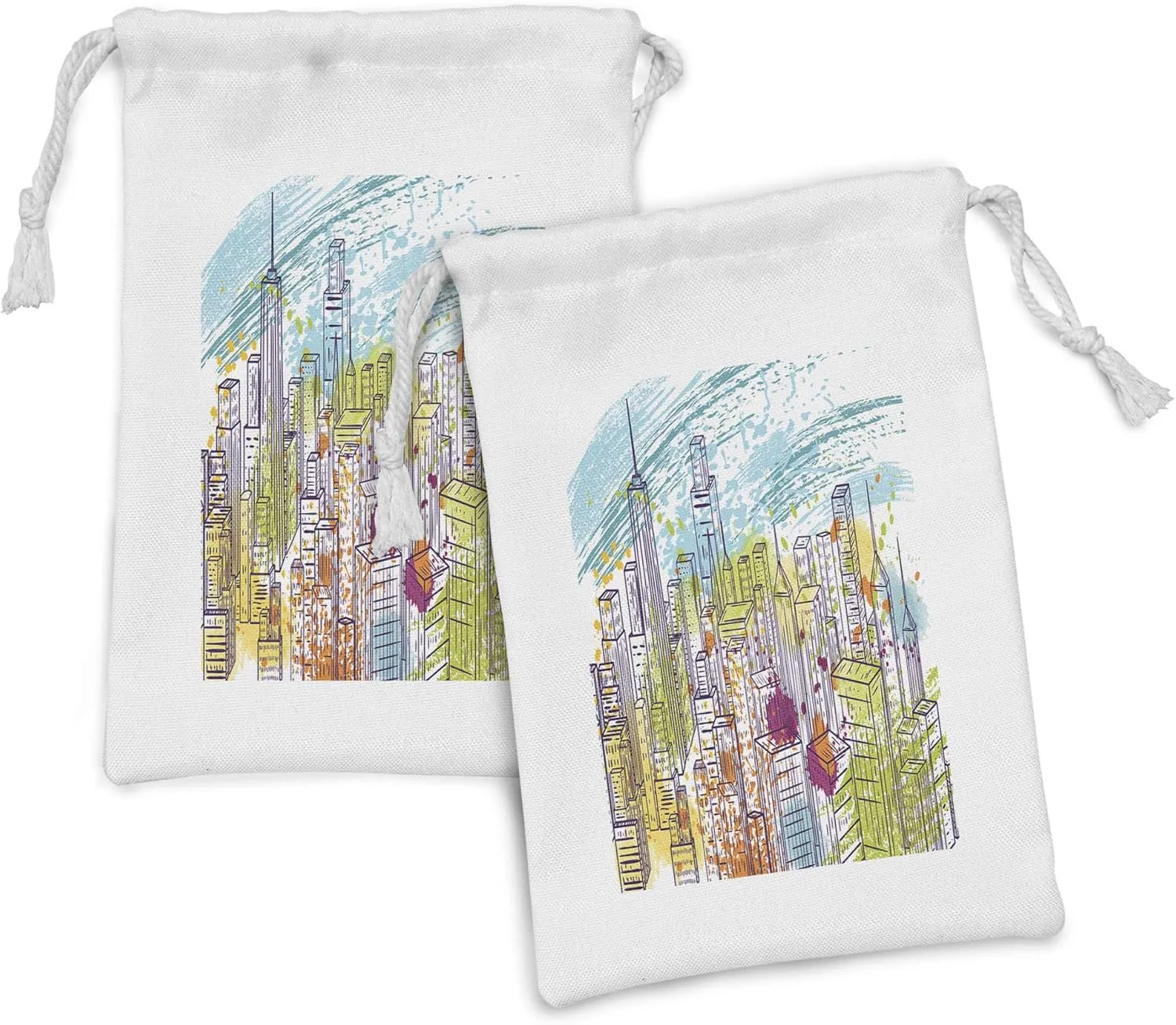 Ambesonne New York Fabric Pouch Set of 2, Urban Theme Watercolor Style Effect Landscape of City Life Skyscrapers, Small Drawstring Bag for Toiletries Masks and Favors, 9" x 6", Yellow and Sky Blue