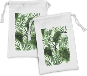 Ambesonne Palm Leaf Fabric Pouch Set of 2, Realistic Vivid Leaves of Palm Tree Growth Ecology Botany Themed Print, Small Drawstring Bag for Toiletries Masks and Favors, 9" x 6", Fern Green White