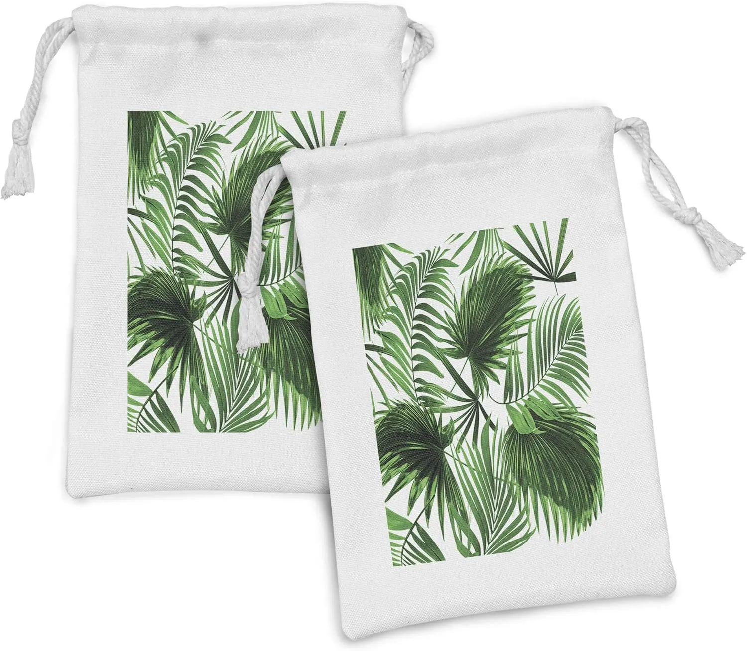 Ambesonne Palm Leaf Fabric Pouch Set of 2, Realistic Vivid Leaves of Palm Tree Growth Ecology Botany Themed Print, Small Drawstring Bag for Toiletries Masks and Favors, 9" x 6", Fern Green White